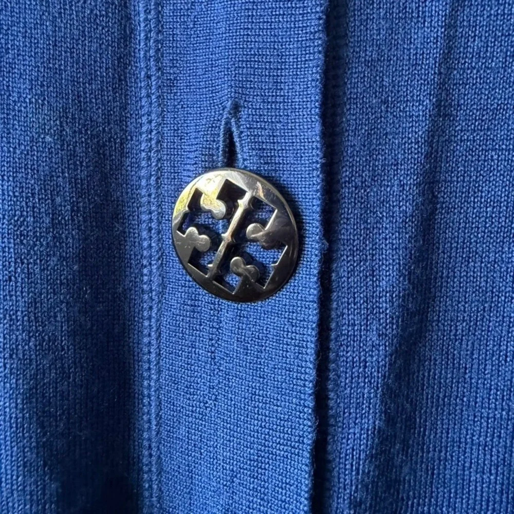 Tory Burch Cardigan Women Large Blue Merino Wool Logo Button V-Neck Sweater